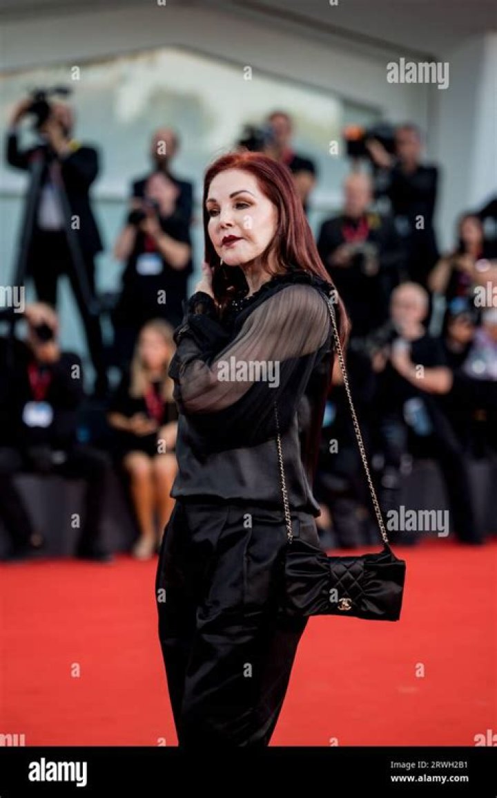 Priscilla Presley attends a red carpet for the movie "Priscilla" at the 80th Venice International Film Festival